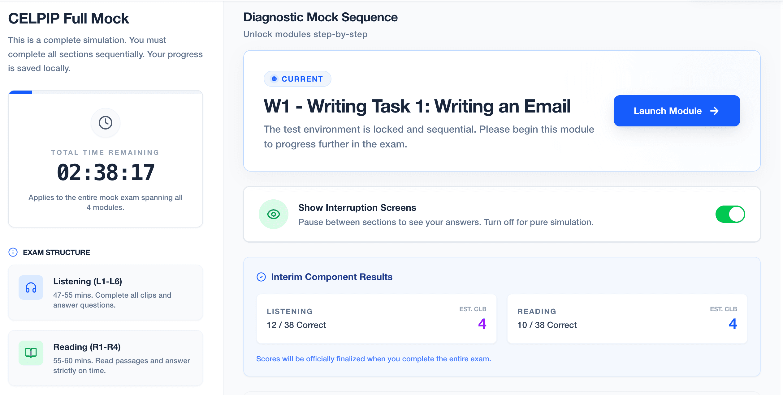 Authentic CELPIP Mock Exam Interface on CLBReady