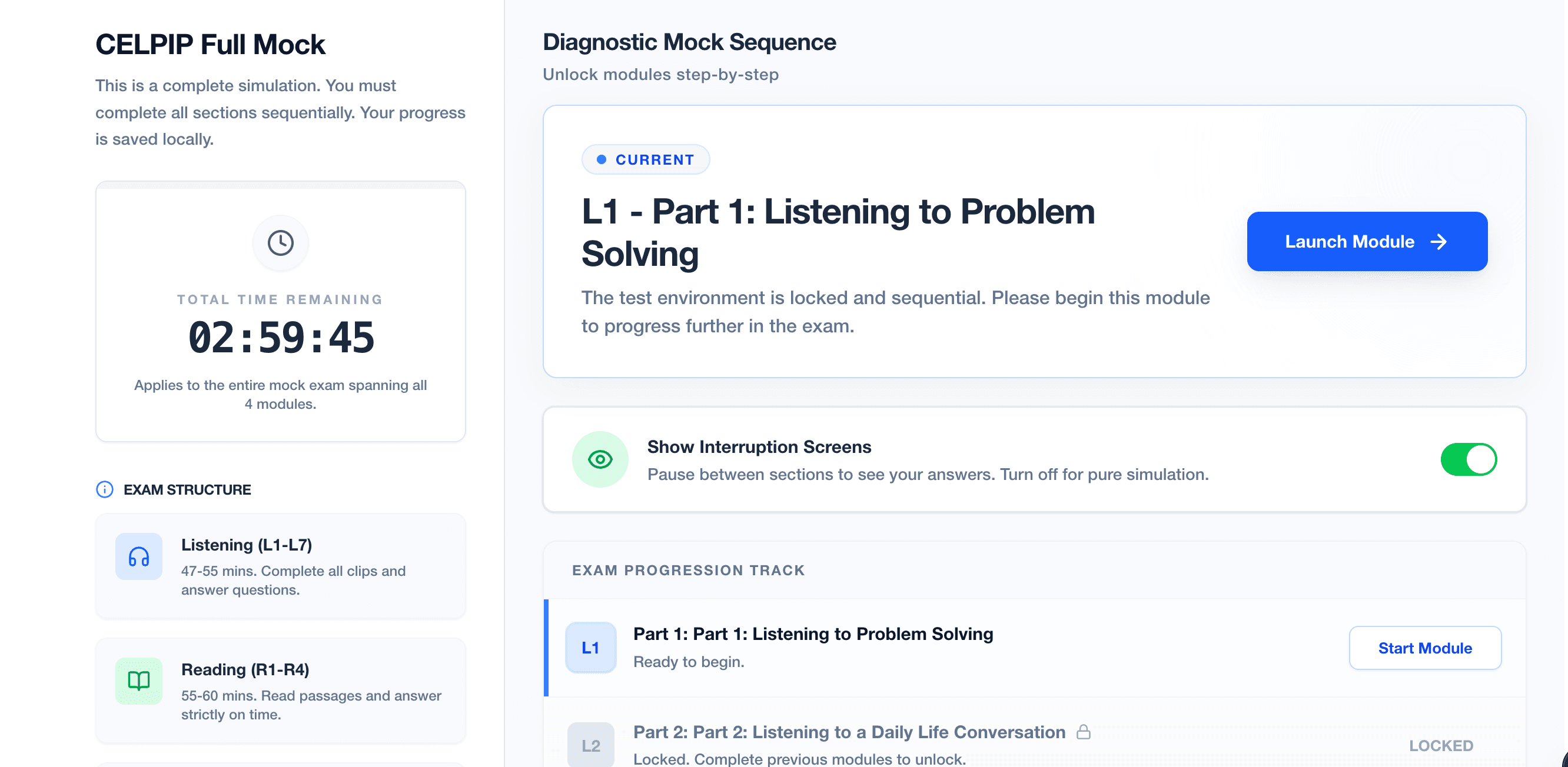 CELPIP Mock Exam Interface Screenshot